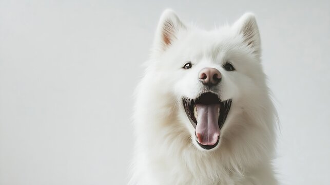 Samoyed dog panting and looking at the camera isolated on white : Generative AI