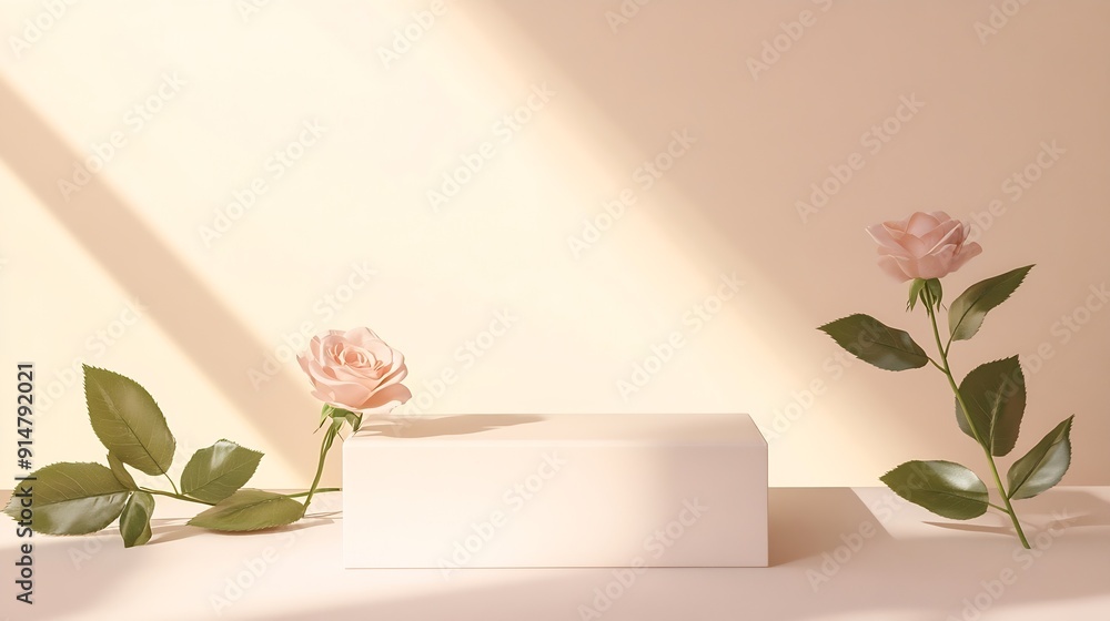 Aufkleber Abstract minimal nature scene  empty stage and square podium on beige background and soft shadows of rose flowers and leaves Pedestal for cosmetic product and packaging mockups display : Generative AI