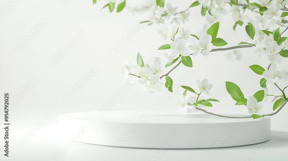 Aufkleber Geometric empty podium platform stand for product presentation and spring flowering tree branch with white flowers on white background : Generative AI