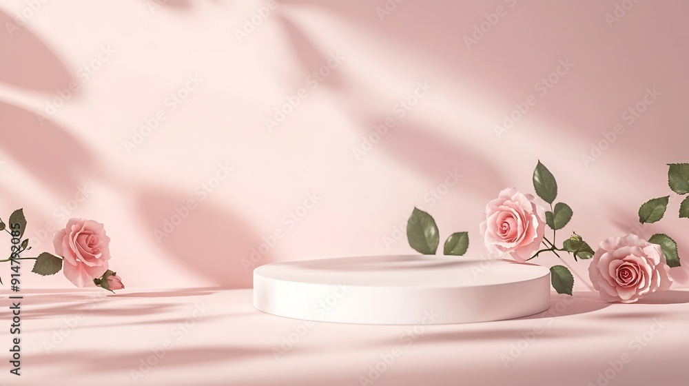 Poster Abstract minimal nature scene  empty stage and white podium on pink background and soft shadows of rose flowers and leaves Pedestal for cosmetic product and packaging mockups display p : Generative AI