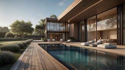 Obraz premium A modern villa set against a backdrop of lush greenery and a crystal clear pool.photorealistic home exterior design 