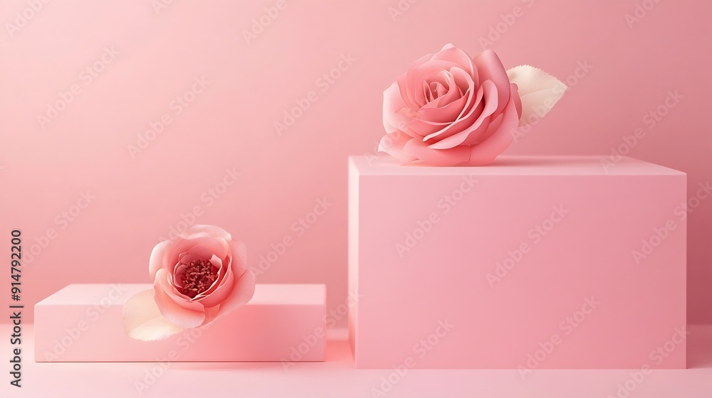Poster Pink background for product presentation with square podiums of geometric shapes and blooming rose Empty podiums Mockup : Generative AI