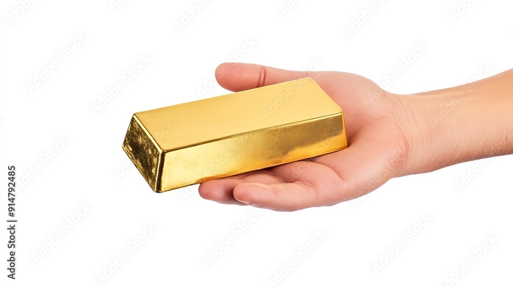 Aufkleber hand holding gold bar isolated on white background hand holding a gold bullion on white background w