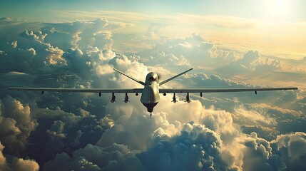 Unmanned combat aerial vehicle drone cockpit perspective flight in sea of clouds, remote controlled during a war air flight attack