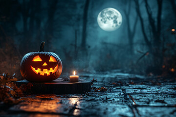 A Halloween scene with a jack-o-lantern on a table, lit by candlelight, against a dark and eerie forest under a full moon. Suitable for Halloween decoration or spooky-themed content.