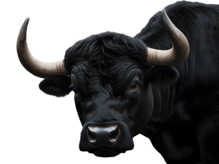 Portrait of a black and white bull in a field, showcasing the distinctive horns and bovine features