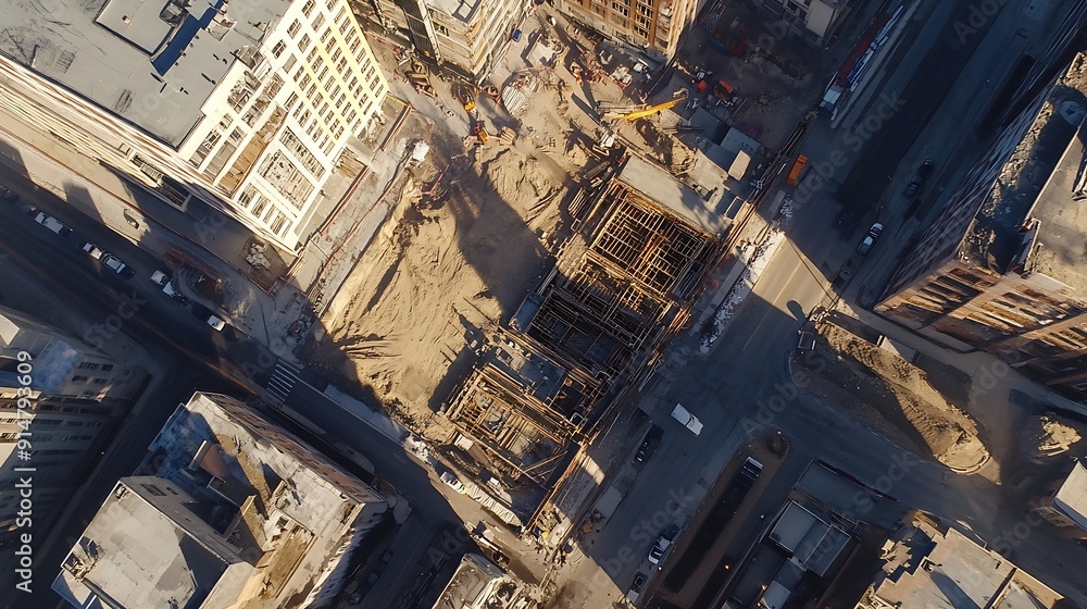 Aufkleber aerial drone shot of building construction finished with vfx city real estate development site trans