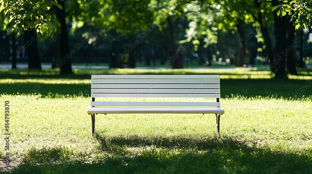 Poster white bench in the park on the background of a green lawn front view : generative ai