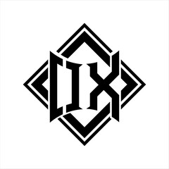 OX Letter logo with abstract shield shape with square black outline on white background design