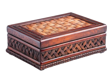 A beautifully crafted wooden box with intricate woven design, perfect for storage or decorative purposes in any home.