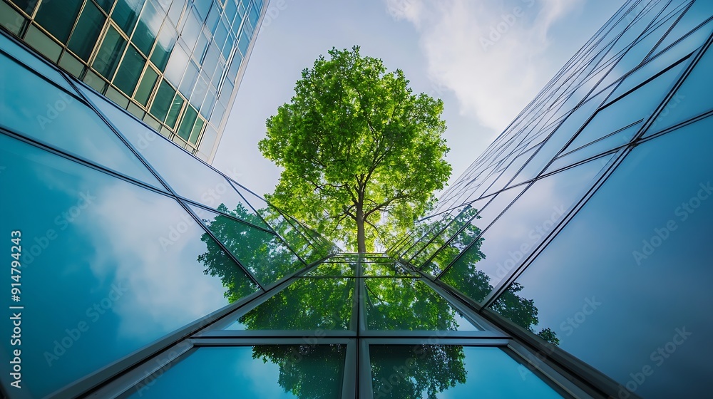 Aufkleber ecofriendly building in the modern city sustainable glass office building with tree for reducing hea