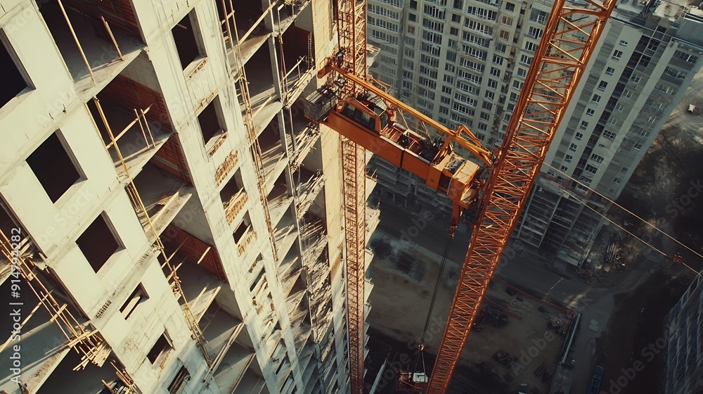 Poster tower crane in action to build multistorey residential building : generative ai