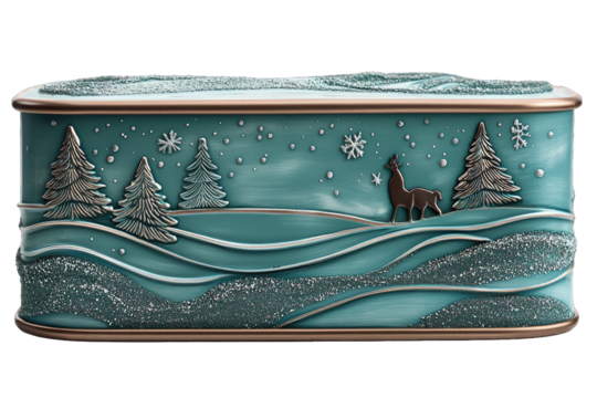 Decorative tin featuring a winter landscape with trees and a deer, perfect for seasonal storage or holiday decor.