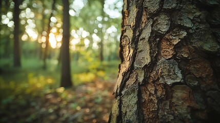 Obraz premium Close-Up of Tree Bark in a Sun-Dappled Forest