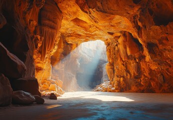 The entrance of a large cave with sunlight streaming in, highlighting the textures of the rock walls and the ground inside
