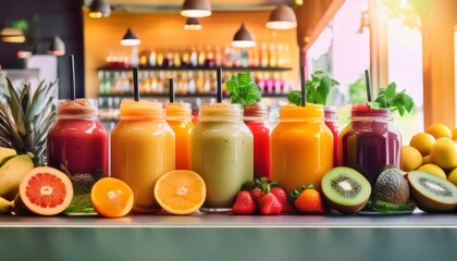 Rainbow of Refreshment: A vibrant selection of freshly squeezed fruit juices bursts with color and flavor, tempting patrons at a bustling juice bar. 