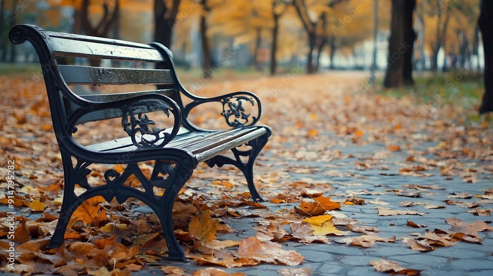 Poster bench in the park at the foot of the pedestrian path a park with fallen leaves in autumn : generativ