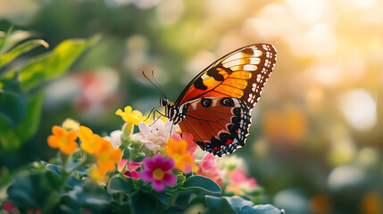 Obraz premium A beautiful butterfly perched on a colorful flower in a sunny garden 