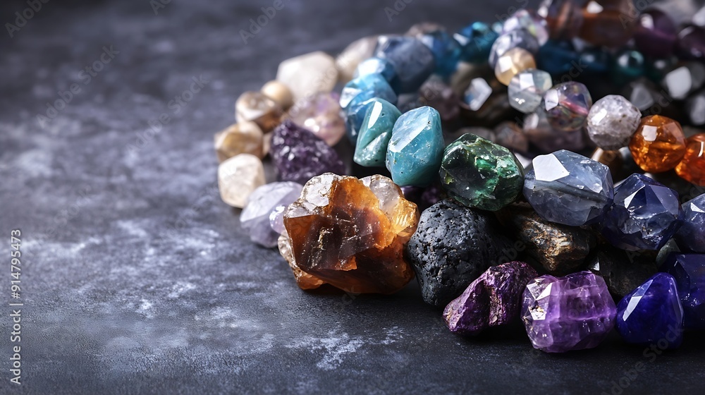 Aufkleber Collection of various raw mineral gemstones with handmade bracelets : Generative AI