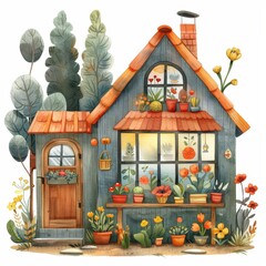 Obraz premium Charming cottage with lush garden, vibrant flowers, and cozy wooden design. Perfect for a homely, whimsical atmosphere.