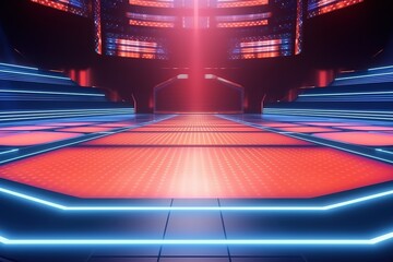 Futuristic corridor with glowing red and blue lights.