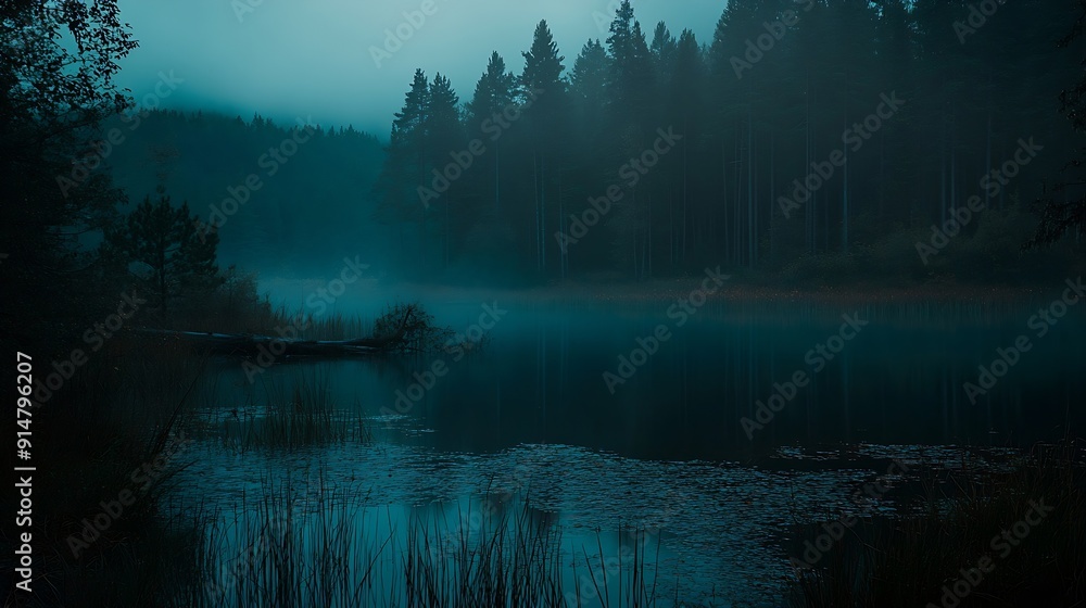 Wall mural moody blue hour atmosphere in the forest during a rainy autumnal day at lake cei in the northern ita