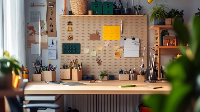 Interior of home office with workplace and pegboard : Generative AI