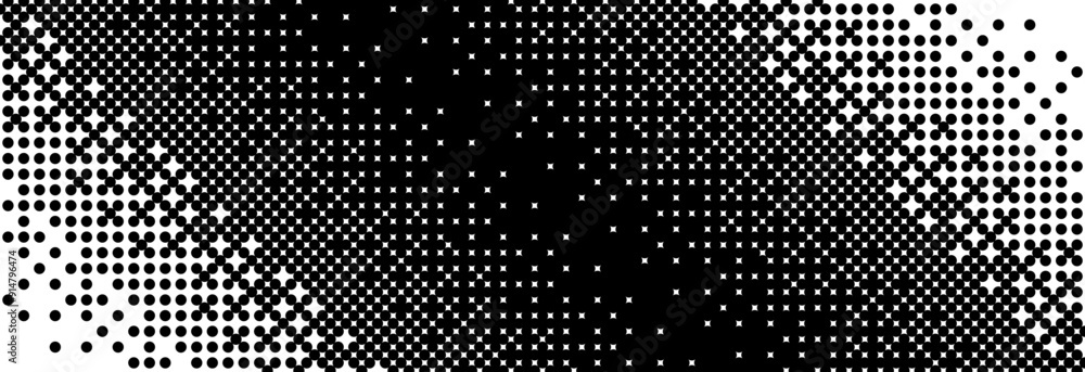 Poster Diagonal bitmap gradient texture. Black and white slanted dithering background. Abstract pixel glitchy pattern. 8 bit video game screen wallpaper. Fading pixel backdrop. Vector retro oblique halftone