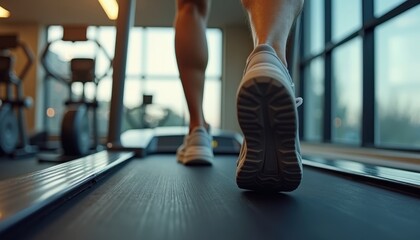 Naklejka premium Close Up of Running Shoe on Treadmill.
