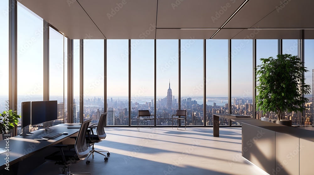 Aufkleber a modern openplan office space filled with natural light from large windows that offer a view of the cityscape The office features a clean minimalistic design with  chairs and computer : Generative AI