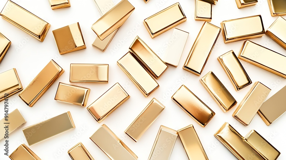 Poster many shiny gold bars isolated on white top view : generative ai