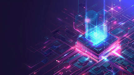 Obraz premium Abstract digital technology background. Isometric AI chip with AI hologram with circuit tech bg. Connected lines electric lightning. Bright light neon blue quantum CPU processor. Vector illustration.