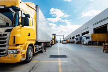 An exterior view of a large warehouse with multiple loading docks, trucks lined up for loading and unloading, seamless logistic operations, blue sky background