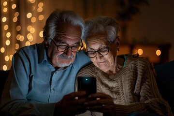 Fototapeta premium Elderly couple looking at smartphone together at home.