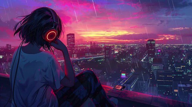 Anime girl listening to music while gazing at a cityscape, capturing a peaceful and introspective moment with urban lights in the ba Seamless looping 4k time-lapse virtual video animation Generated AI