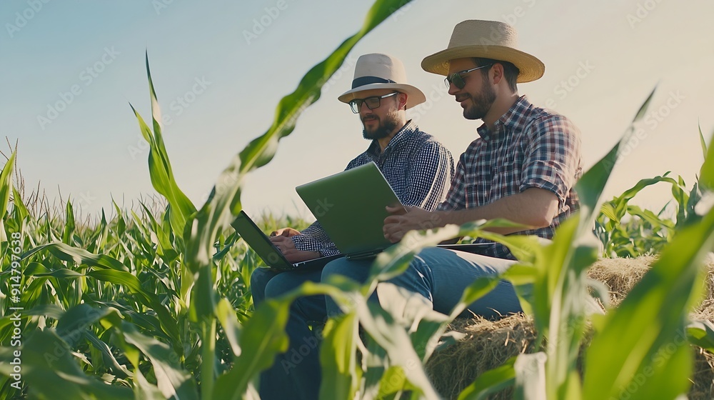 Aufkleber Two smart farmers using laptop to examining quantity and quality crop of corn vegetables while working and planning system control with technology at agricultural field : Generative AI