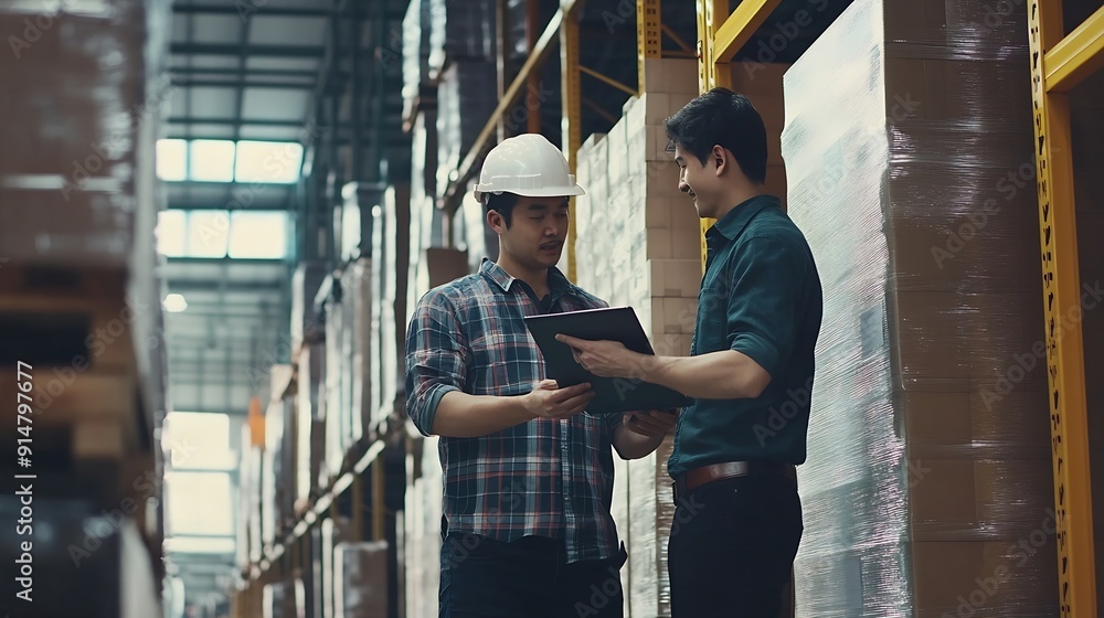 Poster Men tablet and inspection for stock in warehouse with teamwork inventory check and logistics business Quality assurance tech and team discussion in factory for export industry and ecom : Generative AI
