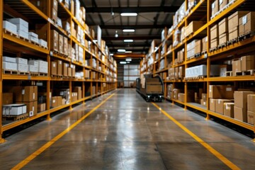 Fototapeta premium A spacious warehouse with high racks filled with boxes, conveyor belts transporting goods, advanced inventory management systems, clean and wellorganized storage