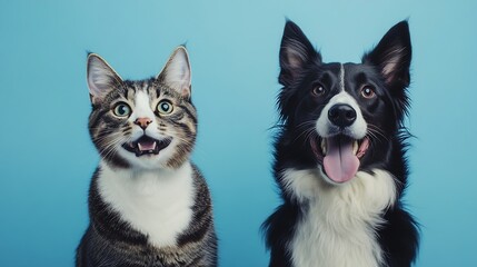 Grey striped tabby cat and a border collie dog with happy expression together on blue background banner framed looking at the camera : Generative AI
