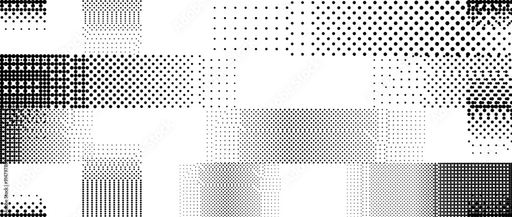 Poster Bitmap pixelated striped pattern. Glitched halftone grunge texture. Dithered noise stripe overlay. Dotted gradient wallpaper for banner, poster, flyer, print, brochure. Vector rasterized background
