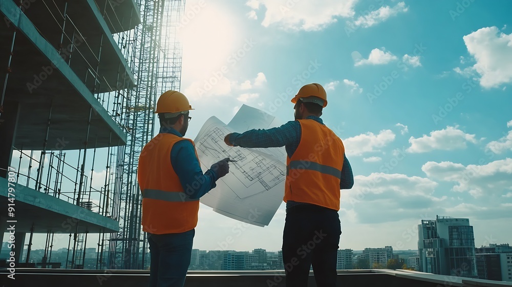 Fototapete Engineers and Architect Caucasian looking at blueprint of building construction planning the work in a professional inspector is looking at steel structure and materials at constructio : Generative AI