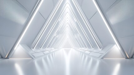 Empty Long Light Corridor. Modern white background. Futuristic Sci-Fi Triangle Tunnel. 3D Rendering