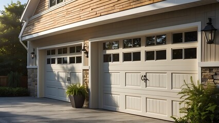 A stunning close-up of a modern garage door design, bright sunny day 


