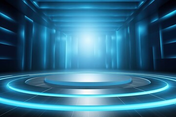 Futuristic blue podium with glowing lights in a dark room.