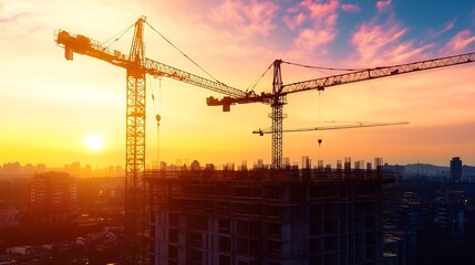 New construction site with crane and mechanical equipments on sunset daylight background construction industry : Generative AI