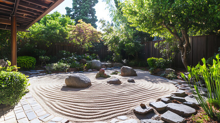 Obraz premium A tranquil Zen garden with carefully raked sand, stones, and strategically placed plants 