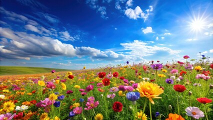 Naklejka premium Clear blue sky with vibrant flowers blooming in a field, Blue, sky, beautiful, flowers, vibrant, blooming, field, nature