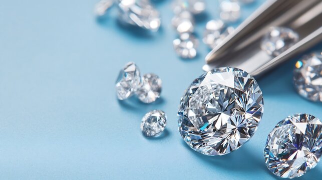 Close up of diamonds various cuts and sizes at workplace of diamond expert on blue background : Generative AI