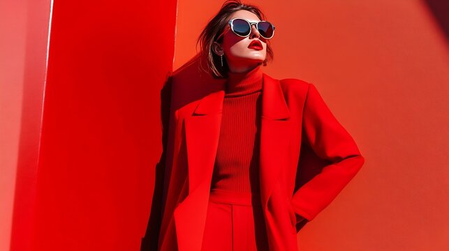 Fashion woman in trendy red outfit Total red look sunglasses red coat poloneck pants : Generative AI