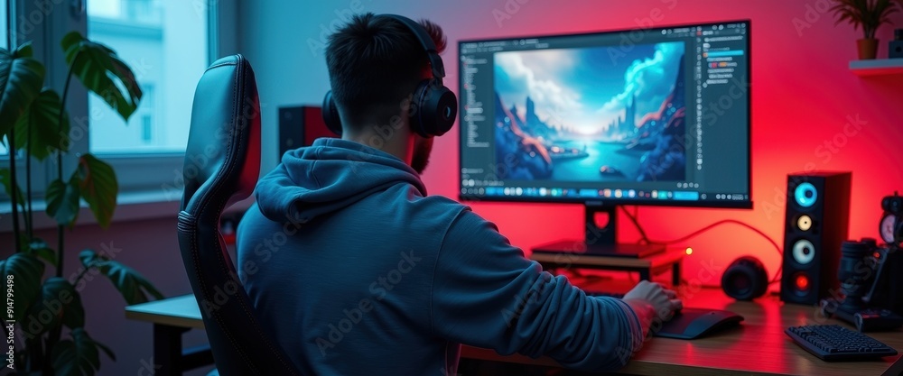 Poster man working on a computer with headphones on.